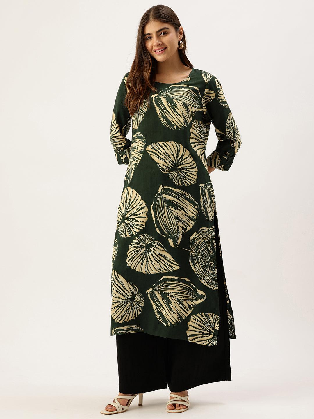 Green Big Floral Printed Round Neck Kurta