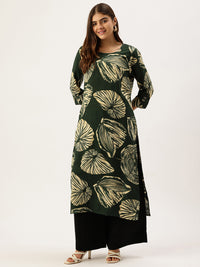Green Big Floral Printed Round Neck Kurta