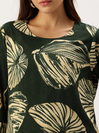 Green Big Floral Printed Round Neck Kurta