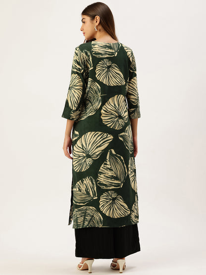 Green Big Floral Printed Round Neck Kurta