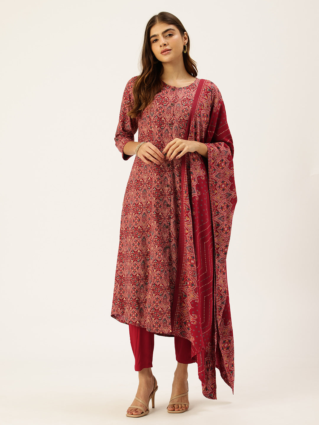 Red Printed Regular Kurta with Trouser & Dupatta