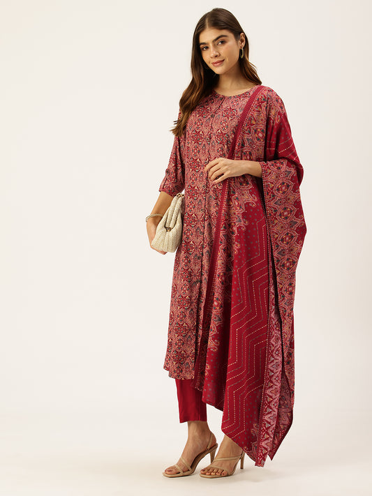 Red Printed Regular Kurta with Trouser & Dupatta