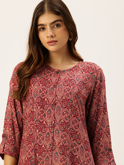 Red Printed Regular Kurta with Trouser & Dupatta
