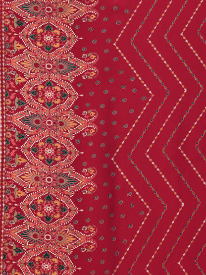 Red Printed Regular Kurta with Trouser & Dupatta