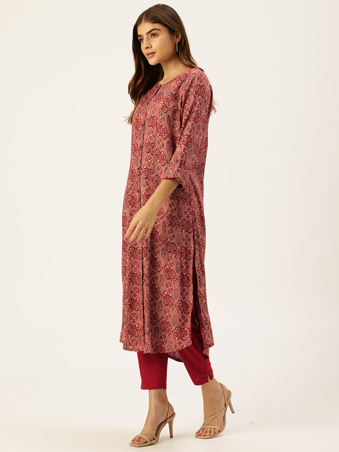 Red Printed Regular Kurta with Trouser & Dupatta