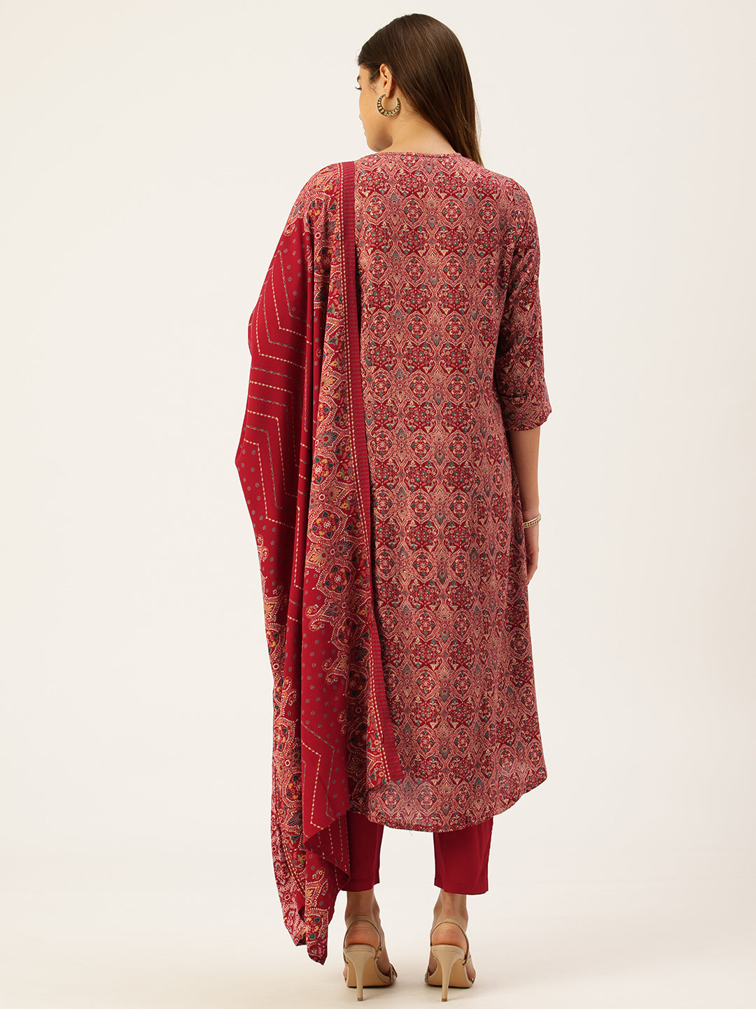 Red Printed Regular Kurta with Trouser & Dupatta