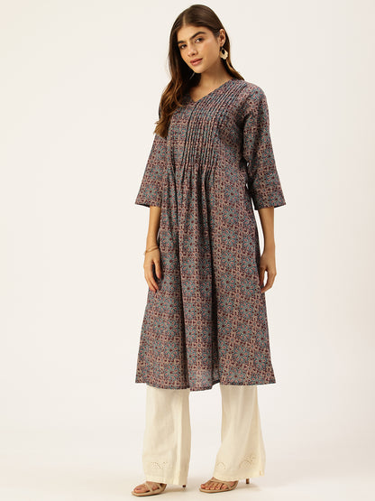 Blue Pure Cotton Printed  Kurta