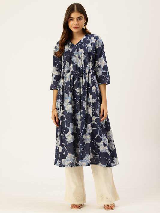 Blue Pure Cotton Floral Printed  Kurta