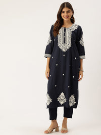 Navy Floral Embroidered Straight Kurta