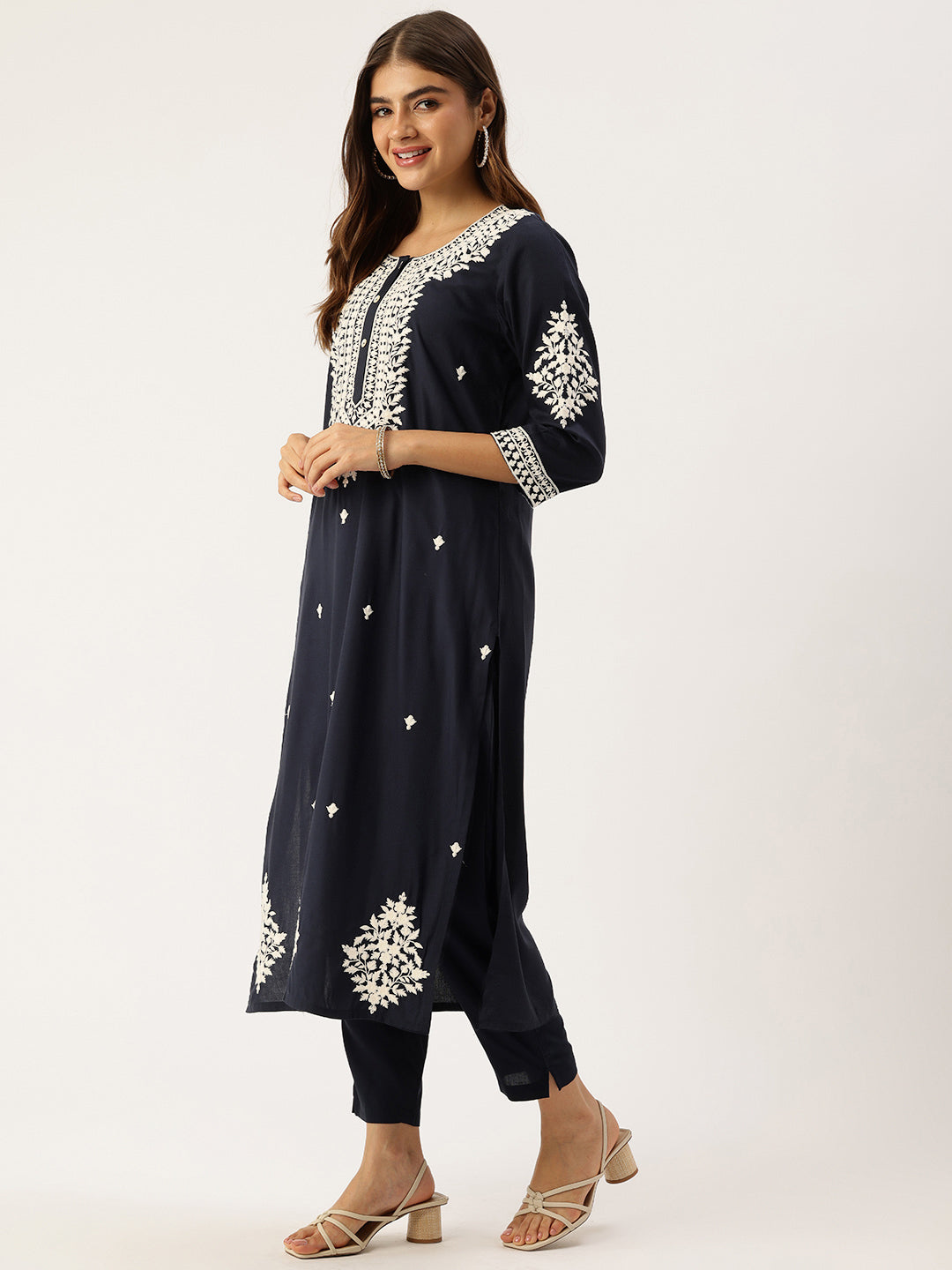 Navy Floral Embroidered Straight Kurta
