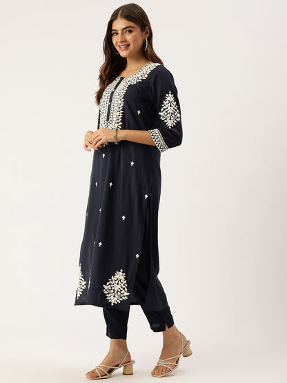 Navy Floral Embroidered Straight Kurta