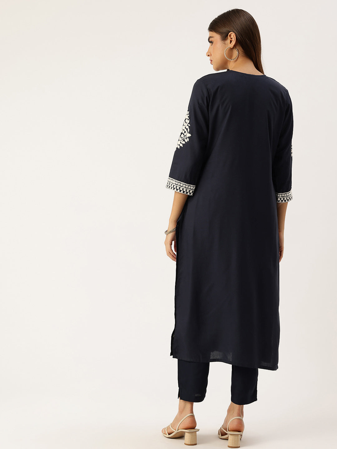 Navy Floral Embroidered Straight Kurta