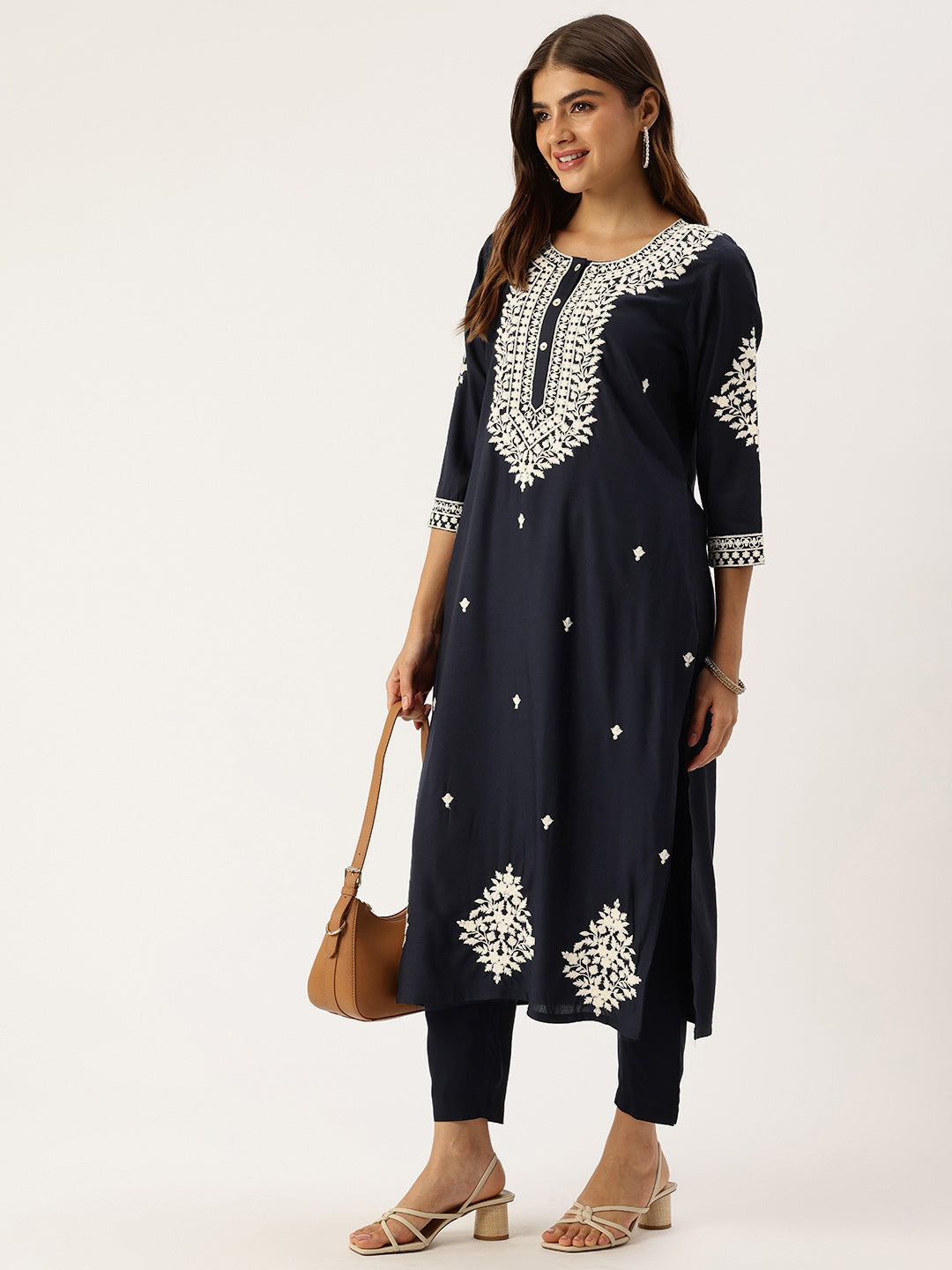 Navy Floral Embroidered Straight Kurta