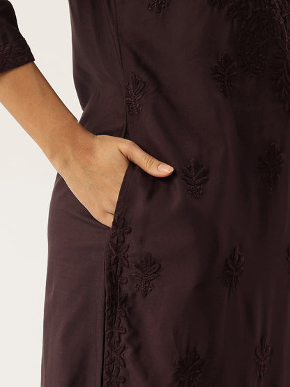 Wine Floral Embroidered Straight Kurta