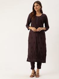 Wine Floral Embroidered Straight Kurta