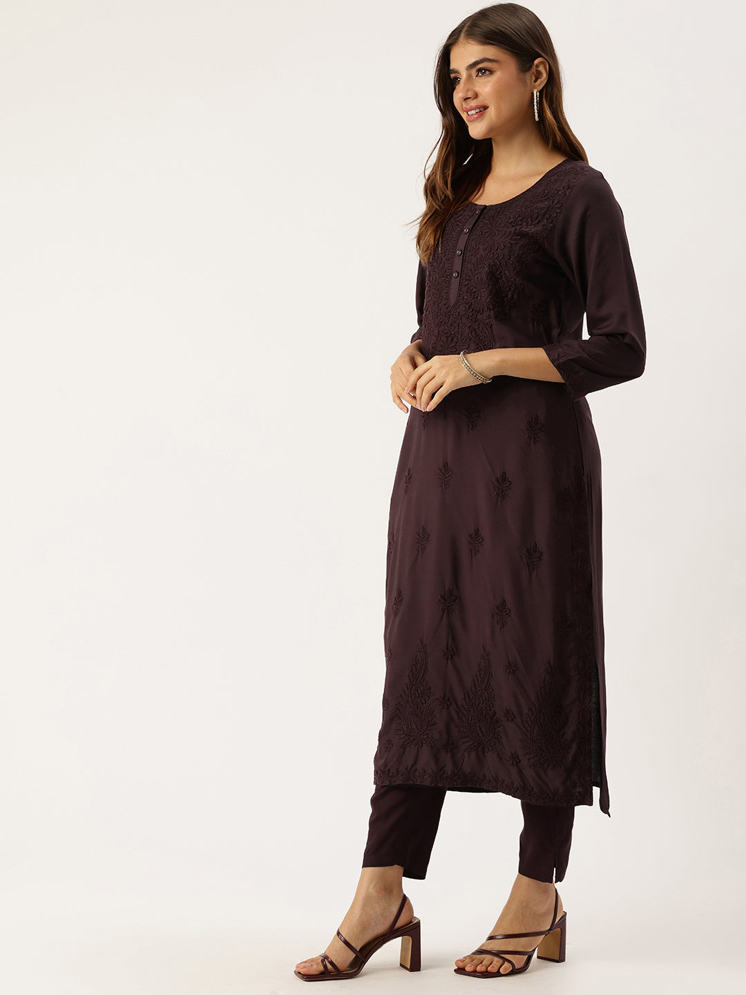 Wine Floral Embroidered Straight Kurta