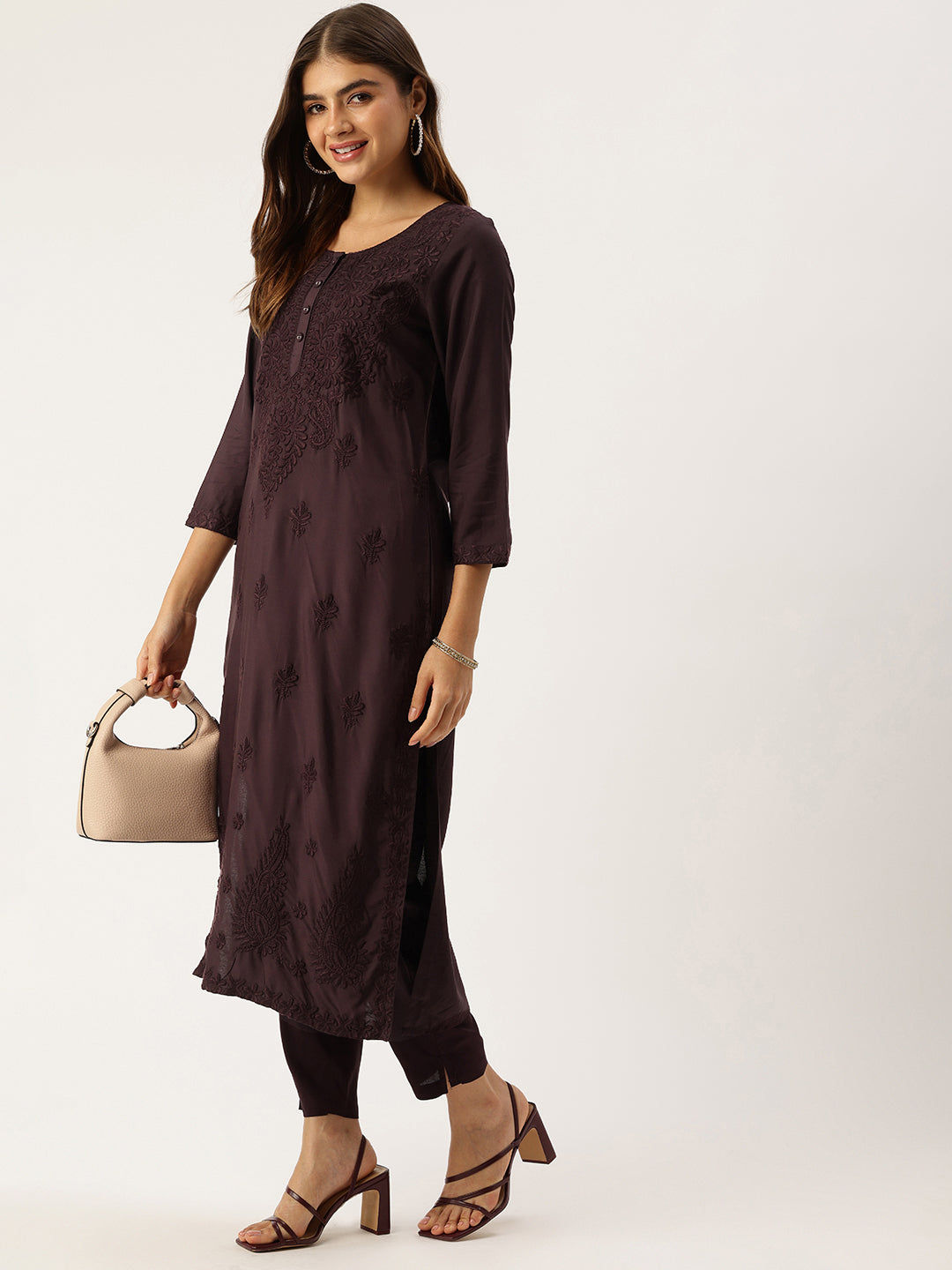 Wine Floral Embroidered Straight Kurta