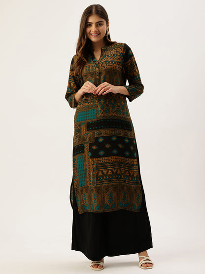 Blue Printed Mandarin Collar Kurta