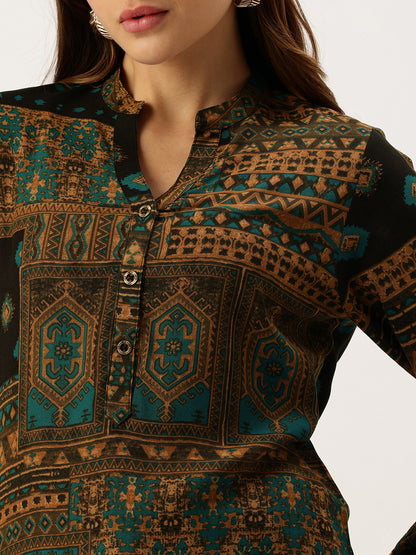 Blue Printed Mandarin Collar Kurta