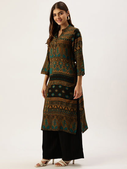 Blue Printed Mandarin Collar Kurta