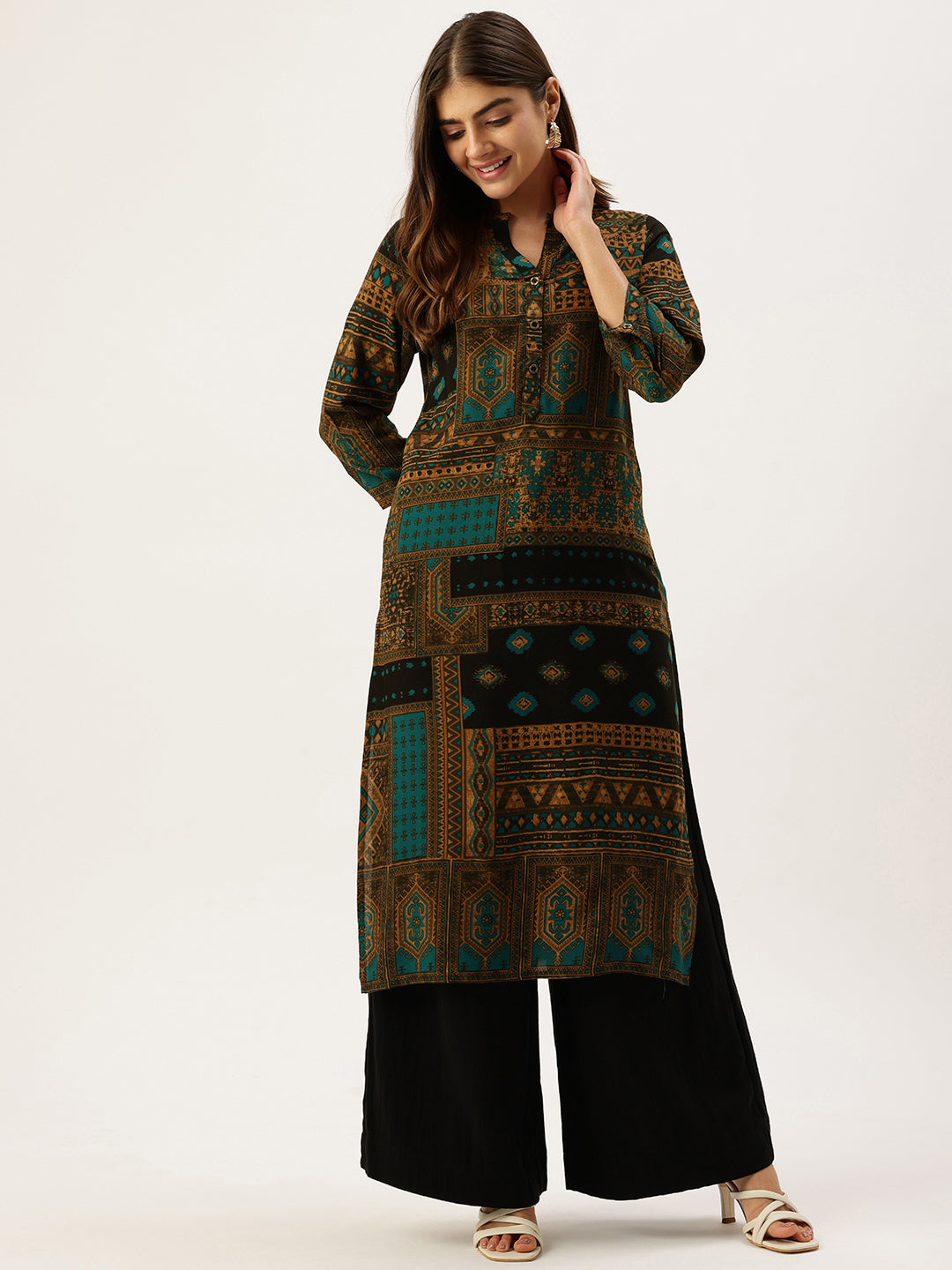 Blue Printed Mandarin Collar Kurta