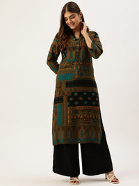 Blue Printed Mandarin Collar Kurta