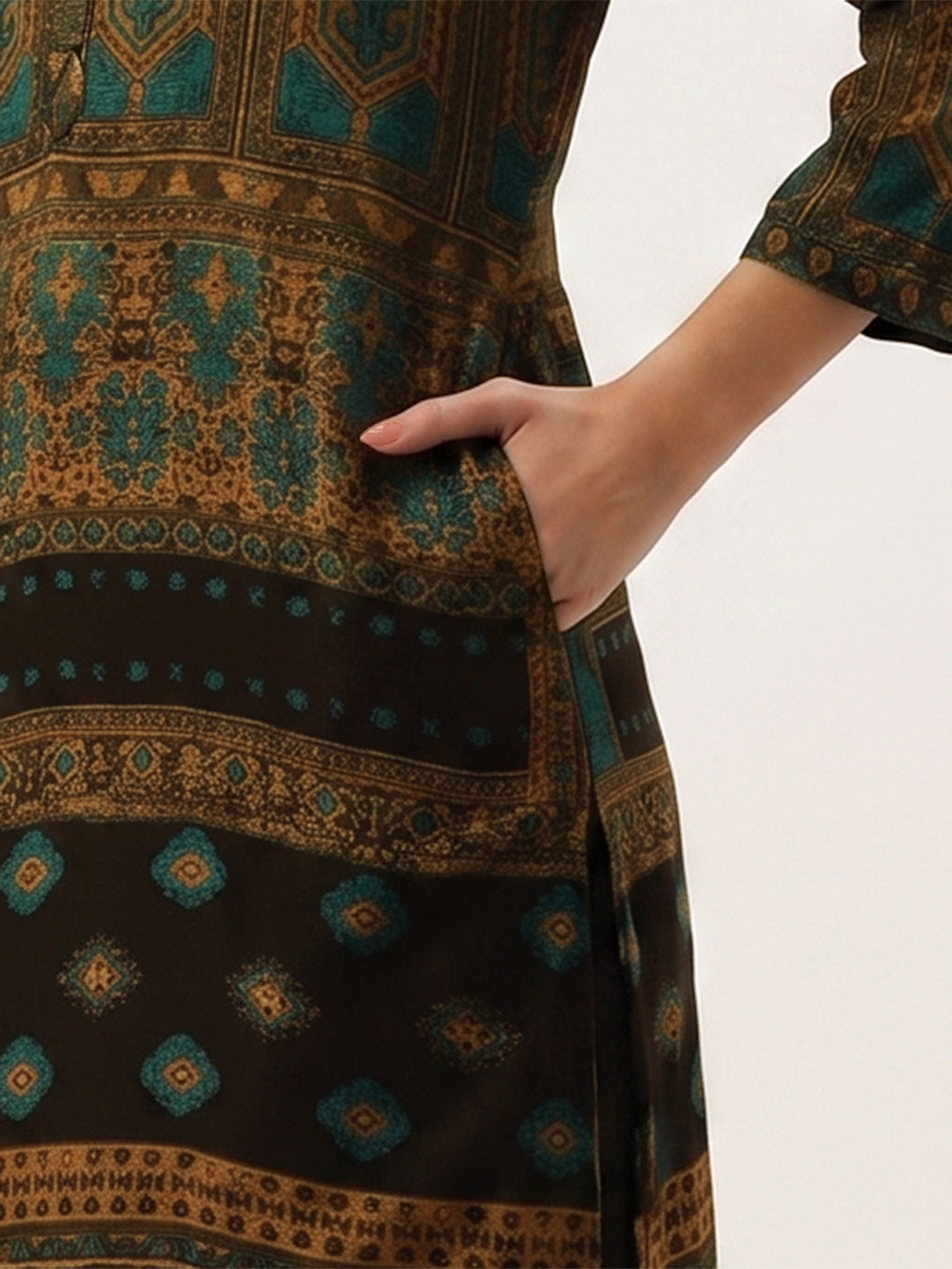 Blue Printed Mandarin Collar Kurta