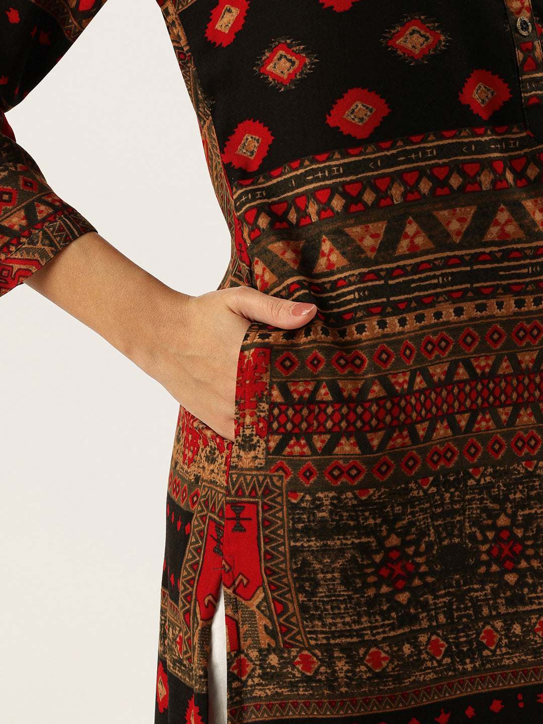 Red Printed Mandarin Collar Kurta