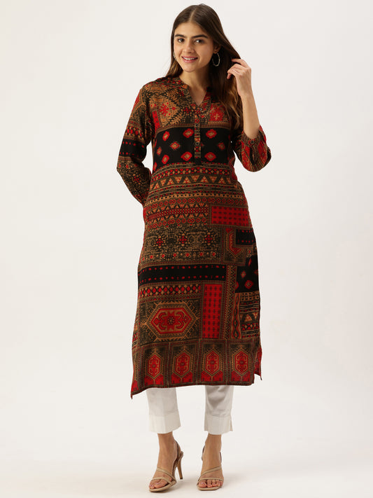 Red Printed Mandarin Collar Kurta