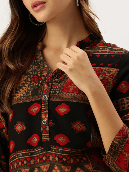 Red Printed Mandarin Collar Kurta