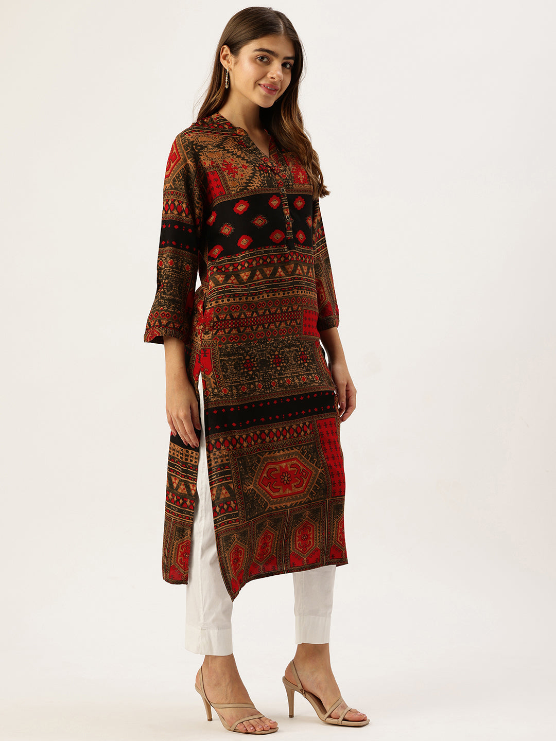 Red Printed Mandarin Collar Kurta