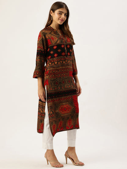 Red Printed Mandarin Collar Kurta