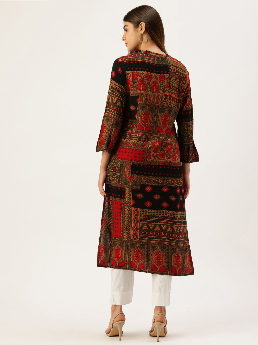 Red Printed Mandarin Collar Kurta