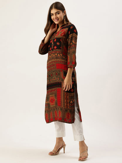 Red Printed Mandarin Collar Kurta