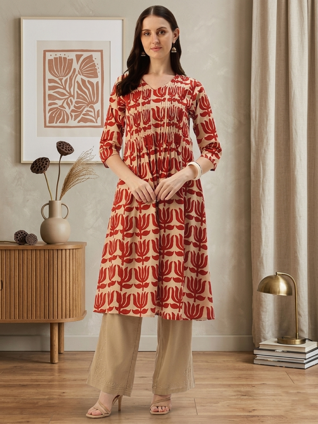 Beige With Red Kamal Printed Kurta