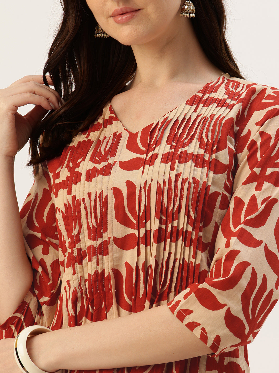 Beige With Red Kamal Printed Kurta