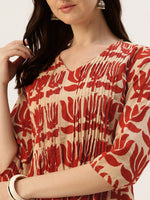 Beige With Red Kamal Printed Kurta