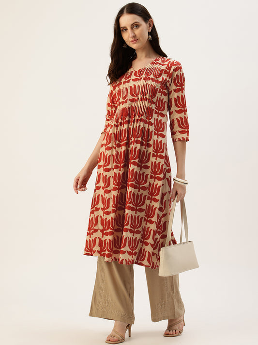 Beige With Red Kamal Printed Kurta