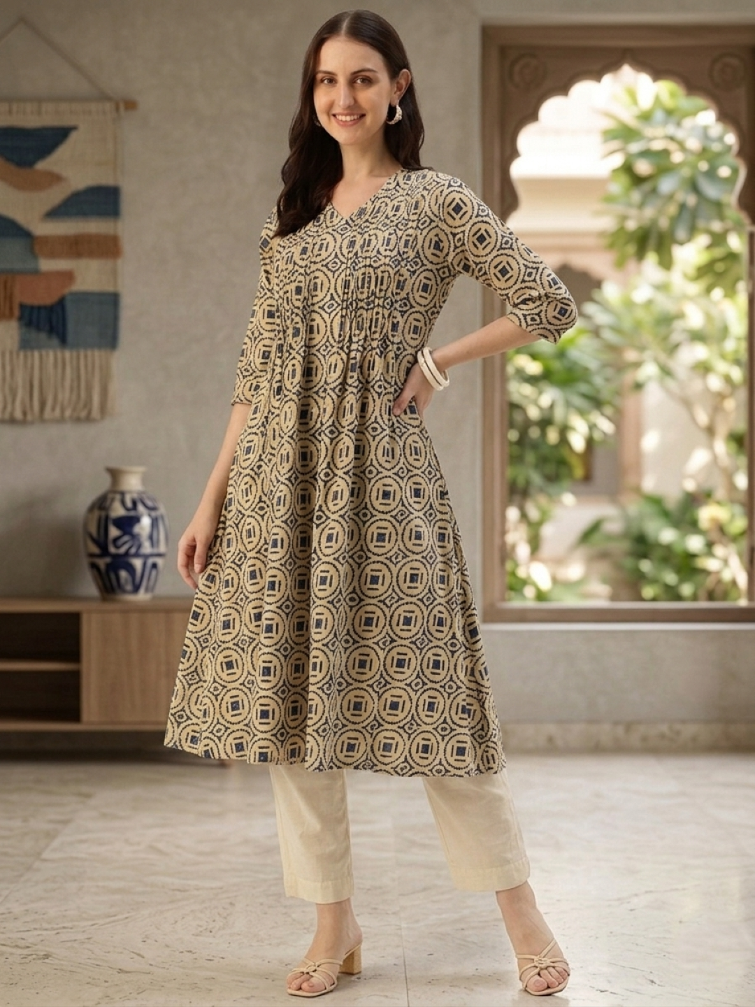 Beige With Blue Geometric Printed Kurta