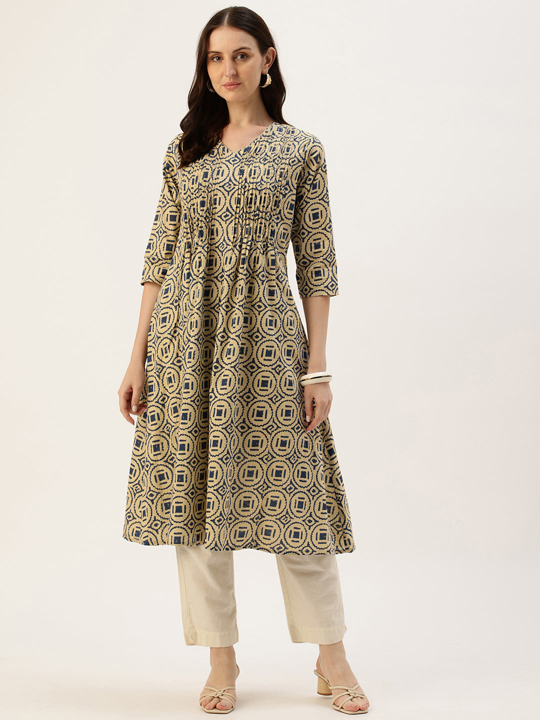 Beige With Blue Geometric Printed Kurta