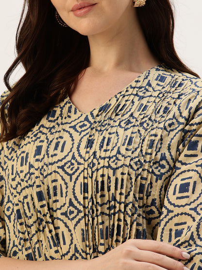 Beige With Blue Geometric Printed Kurta