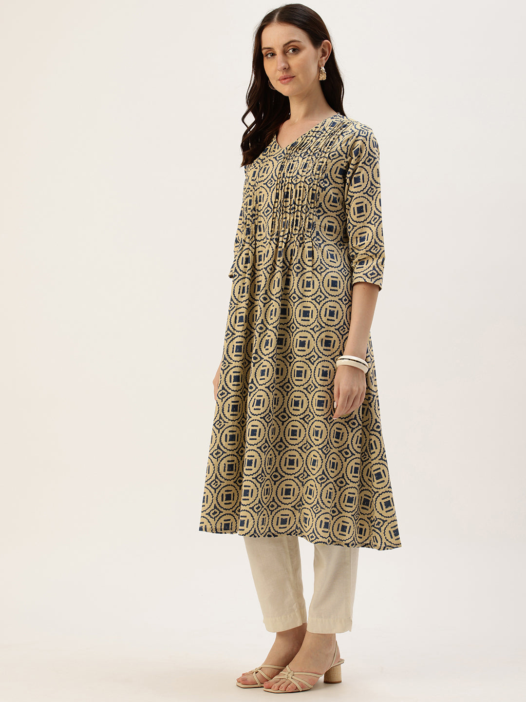 Beige With Blue Geometric Printed Kurta