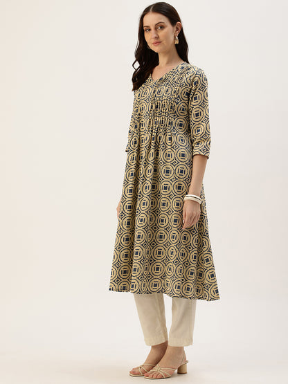 Beige With Blue Geometric Printed Kurta