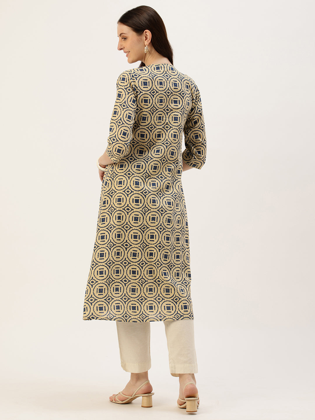 Beige With Blue Geometric Printed Kurta