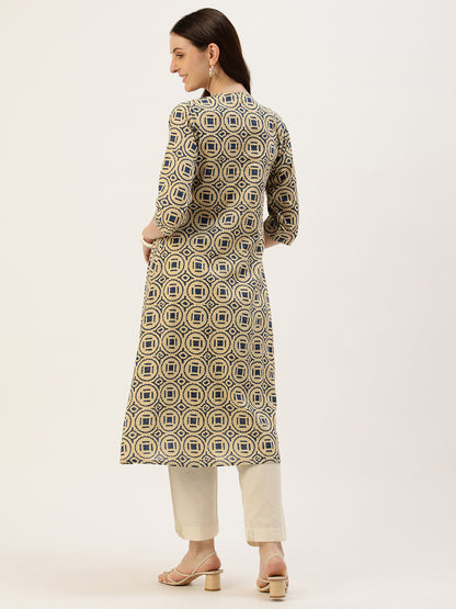 Beige With Blue Geometric Printed Kurta