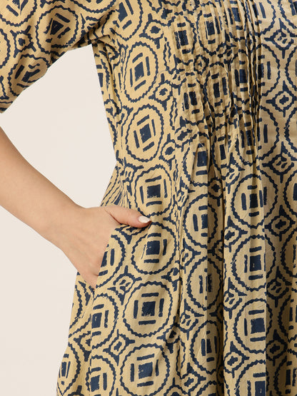 Beige With Blue Geometric Printed Kurta