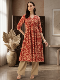 Beige With Red Geometric Printed Kurta