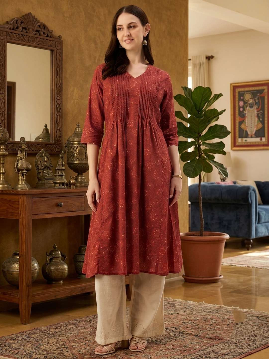 Red Floral Printed Kurta