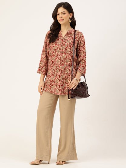 Beige Paisley Printed Mandarin Collar Tunic