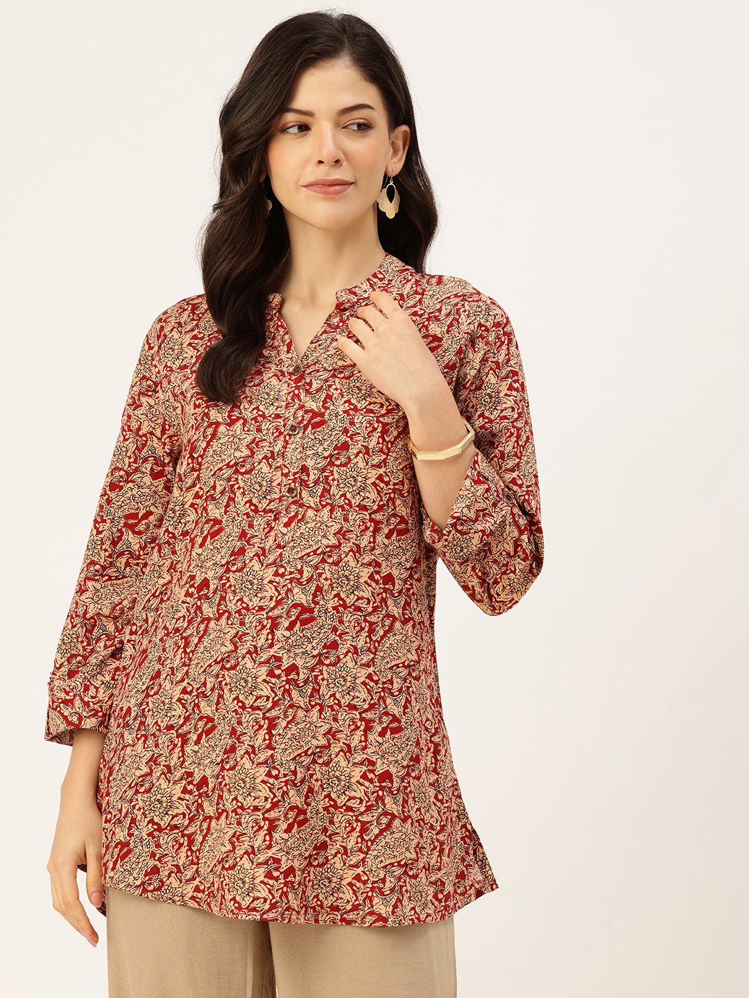 Beige Paisley Printed Mandarin Collar Tunic